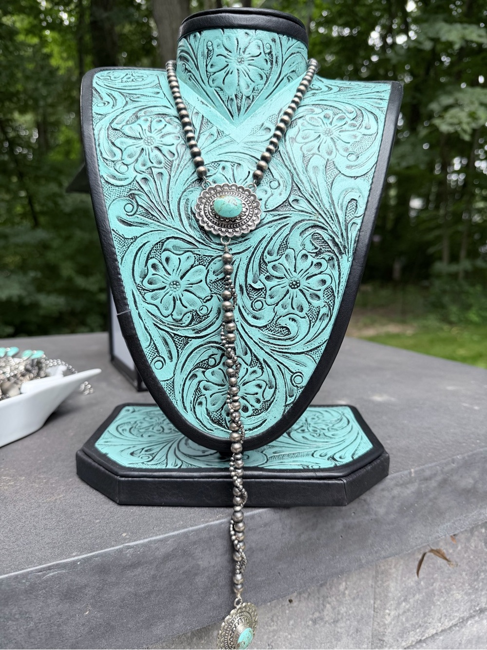 Native Made Turquoise Lariat Necklace Running Bear Stamped and Signed